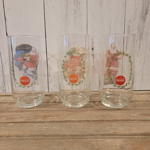 Vintage Set of 3 Christmas Coca Cola Haddon Sundblom Santa Glasses - Picture 2 of 2